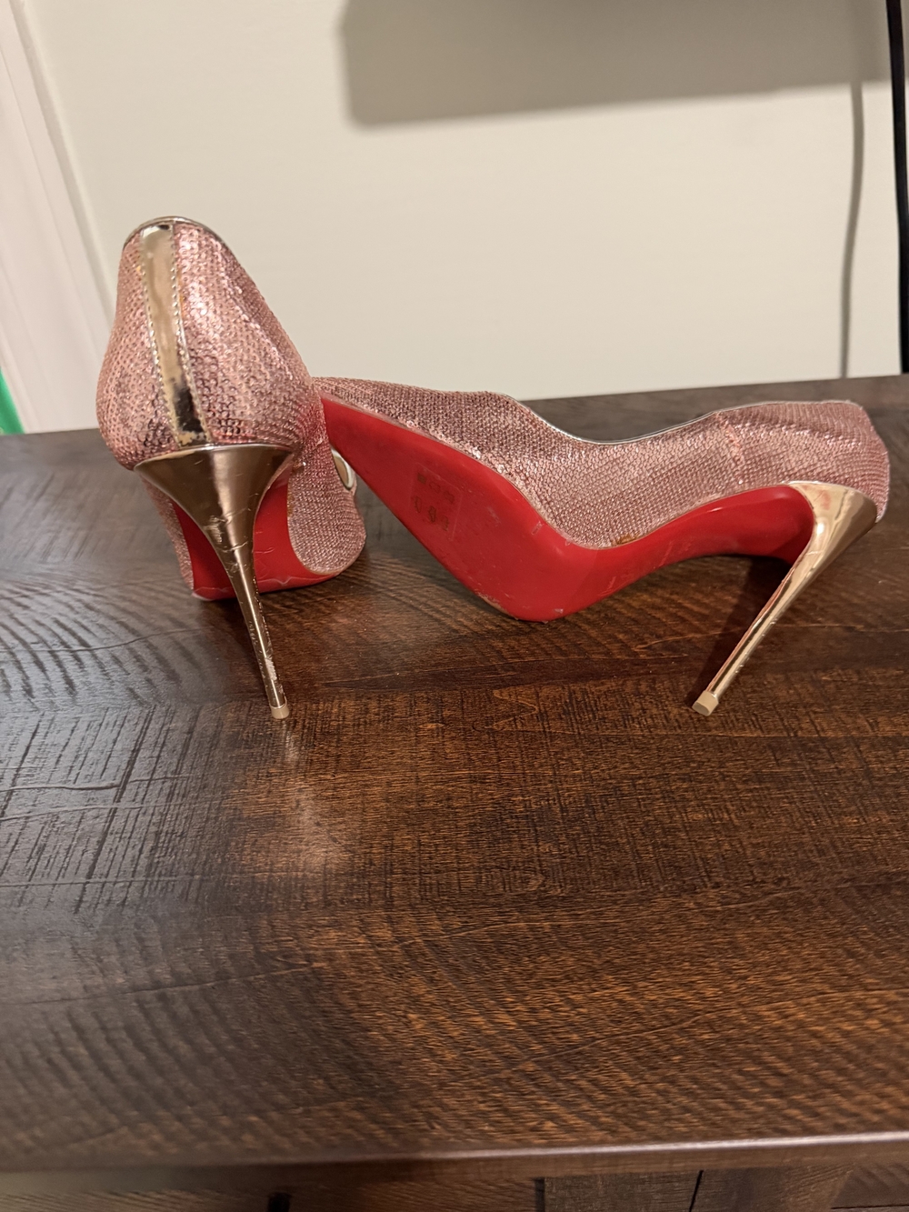 Christian Louboutin Pink Glitter Pointed-Toe Stiletto Pumps with Gold Heel
